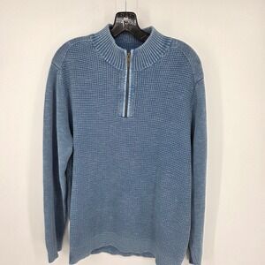 Tommy Bahama Mens Blue Waffle Knit Quarter Zip Long Sleeve Pullover Sweater L